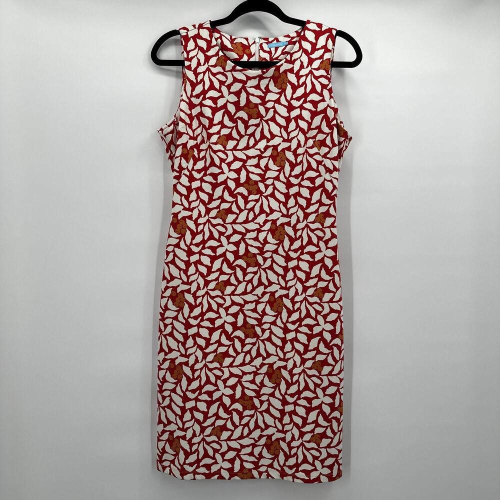 J McLaughlin‎ Dress Womens Small Red White Sleeveless Sheath Leaf Scuba Stretch